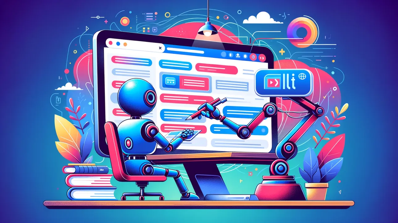 Une illustration dynamique et colorée mettant en scène un robot utilisant la technologie de l’intelligence artificielle pour interagir avec une interface complexe et colorée affichée sur un écran d’ordinateur. Il est entouré d’éléments numériques abstraits et de plantes.