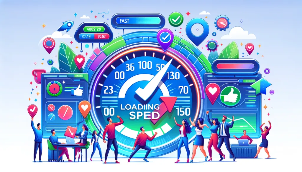 Une image illustrant la complexité et les défis associés à l’amélioration de la vitesse de chargement d’un site, avec des éléments graphiques tels que des personnes, des engrenages, et des icônes représentant divers aspects techniques et obstacles.
