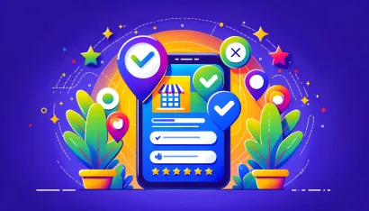 Une illustration colorée montrant un smartphone avec des icônes de validation et de magasin, entouré de plantes et d’étoiles, symbolisant le SEO local.