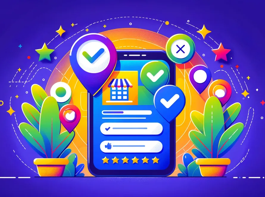 Une illustration colorée montrant un smartphone avec des icônes de validation et de magasin, entouré de plantes et d’étoiles, symbolisant le SEO local.