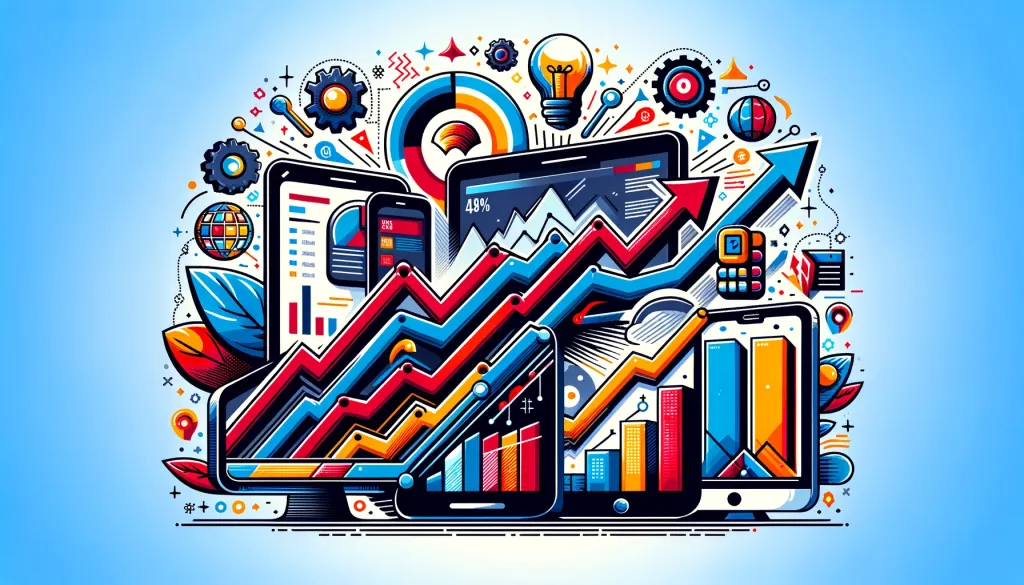 Une image dynamique et colorée montrant des appareils mobiles, tablettes et ordinateurs avec des graphiques de croissance, entourés d’icônes représentant divers éléments du développement du site.