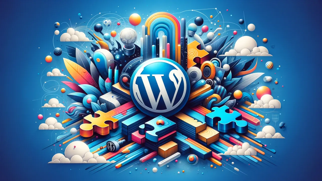 Une image dynamique et colorée montrant le logo WordPress entouré d’éléments graphiques représentant la vitesse, l’efficacité et la diversité des plugins pour améliorer le temps de chargement et accélérer les sites web.