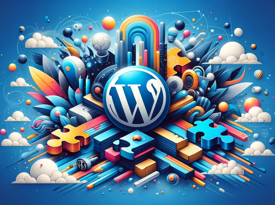 Une image dynamique et colorée montrant le logo WordPress entouré d’éléments graphiques représentant la vitesse, l’efficacité et la diversité des plugins pour améliorer le temps de chargement et accélérer les sites web.