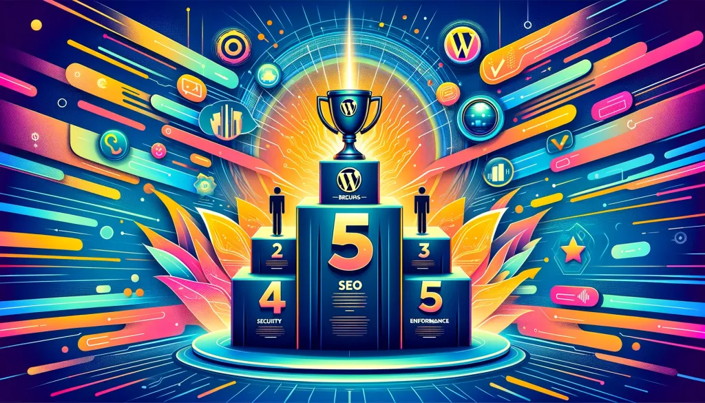 Une image illustrant un trophée WordPress sur un podium, symbolisant les 5 meilleurs plugins pour améliorer la vitesse de chargement d’un site.