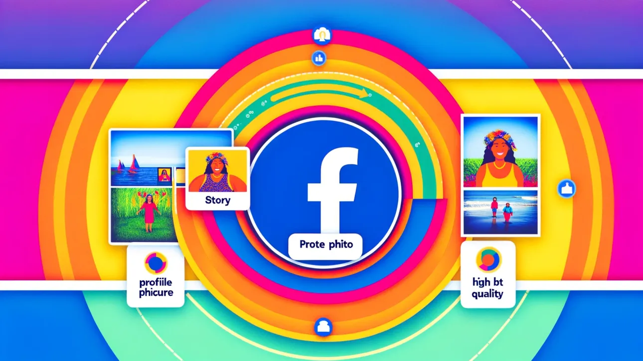 Une image colorée montrant différents types de photos Facebook, y compris une photo de profil, une story, une photo protégée et une photo de haute qualité, le tout entouré par des cercles concentriques multicolores pour illustrer la dimension et la taille des photos Facebook.