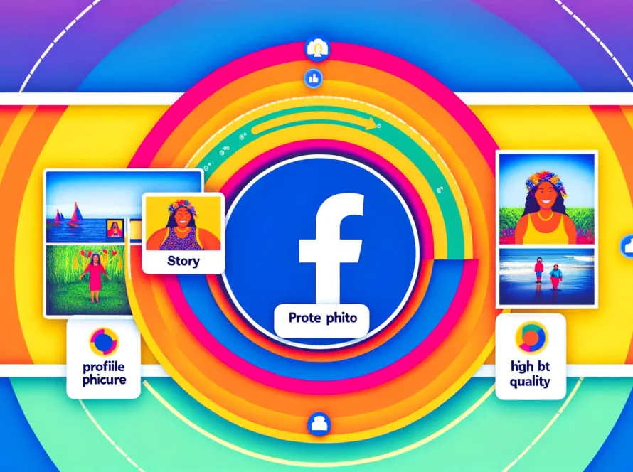 Une image colorée montrant différents types de photos Facebook, y compris une photo de profil, une story, une photo protégée et une photo de haute qualité, le tout entouré par des cercles concentriques multicolores pour illustrer la dimension et la taille des photos Facebook.