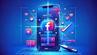 Une image illustrative montrant un smartphone avec l’icône Facebook et des graphiques indiquant les dimensions de publication idéales sur la plateforme. Des icônes de réseaux sociaux et des éléments graphiques colorés sont également présents pour mettre en évidence le thème de la “dimension publication facebook
