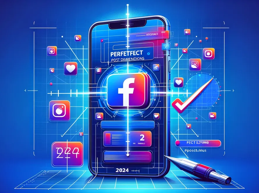 Une image illustrative montrant un smartphone avec l’icône Facebook et des graphiques indiquant les dimensions de publication idéales sur la plateforme. Des icônes de réseaux sociaux et des éléments graphiques colorés sont également présents pour mettre en évidence le thème de la “dimension publication facebook