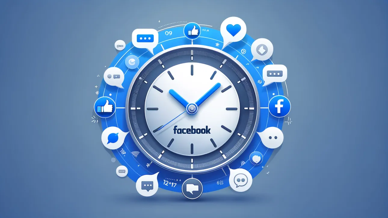 Une horloge stylisée avec le logo Facebook au centre, entourée d’icônes de médias sociaux indiquant l’heure de publication Facebook.