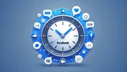 Une horloge stylisée avec le logo Facebook au centre, entourée d’icônes de médias sociaux indiquant l’heure de publication Facebook.