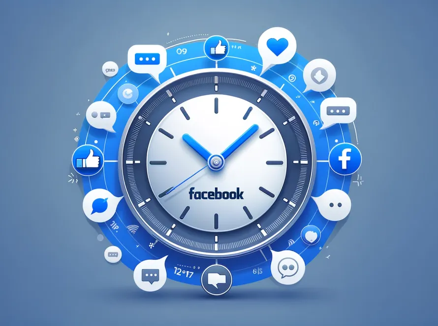 Une horloge stylisée avec le logo Facebook au centre, entourée d’icônes de médias sociaux indiquant l’heure de publication Facebook.