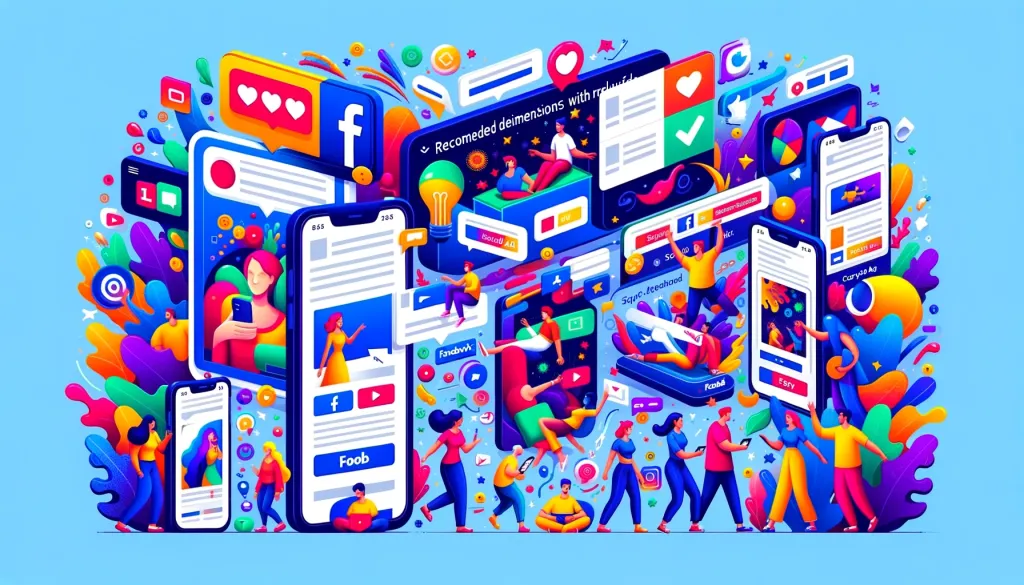 Une image colorée et dynamique montrant divers éléments graphiques et icônes associés à Facebook, y compris des smartphones affichant des publicités, mettant en avant la “taille publicité Facebook”.