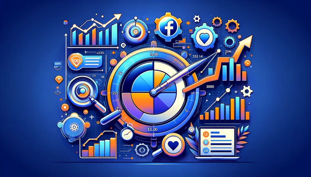 Une illustration complexe et colorée représentant des éléments graphiques, des icônes et des statistiques associés à Facebook.