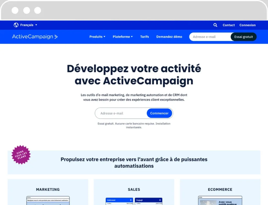 Une capture d’écran de la page d’accueil du site Web ActiveCampaign en français, présentant des informations sur leurs services de marketing