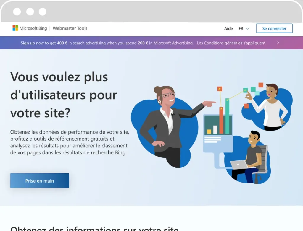 Capture d'écran de la page Webmaster Tools de Microsoft Bing. Elle présente un titre 'Vous voulez plus d'utilisateurs pour votre site?', suivi d'une introduction sur l'obtention de données de performance et l'utilisation d'outils de référencement gratuits pour améliorer le classement sur Bing. L'image met en scène trois personnages : un homme pointant vers un graphique de croissance, une femme tenant un smartphone et un autre homme travaillant sur un ordinateur portable.