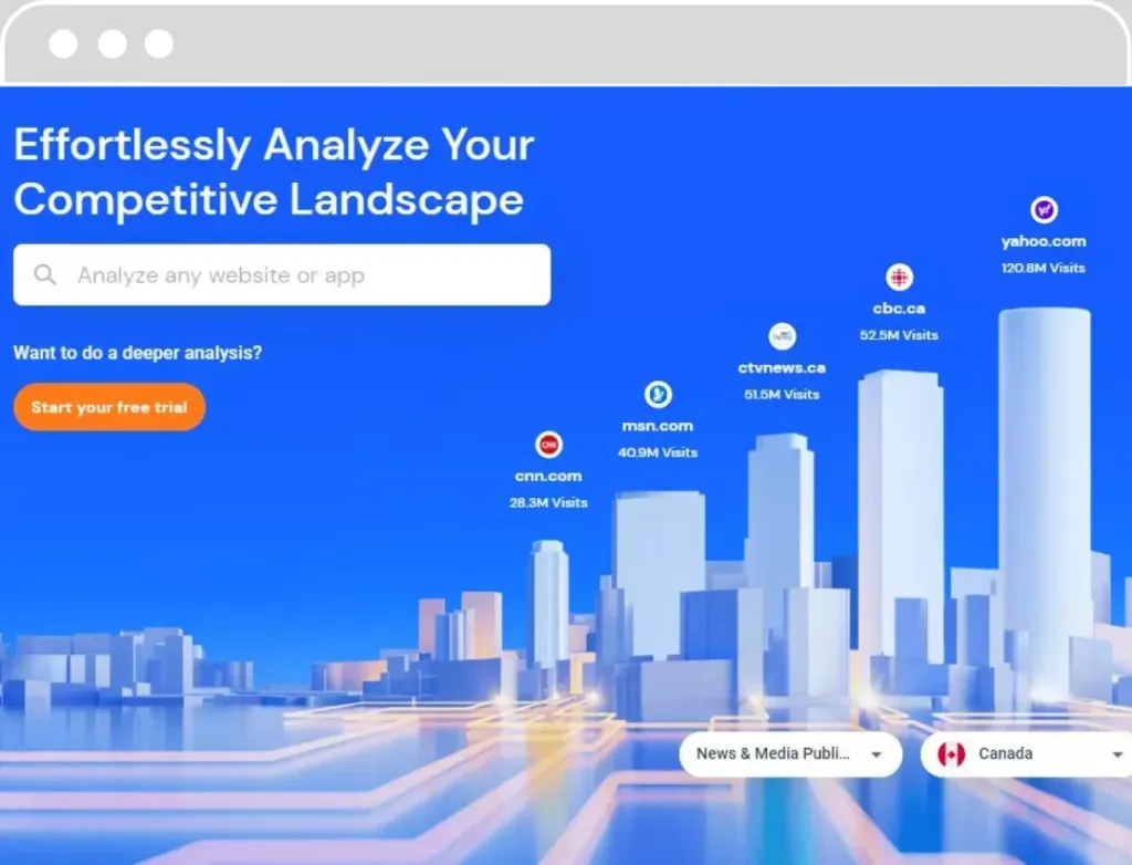 Interface utilisateur d'un outil d'analyse concurrentielle SEO avec des statistiques de visites de sites web en arrière-plan.