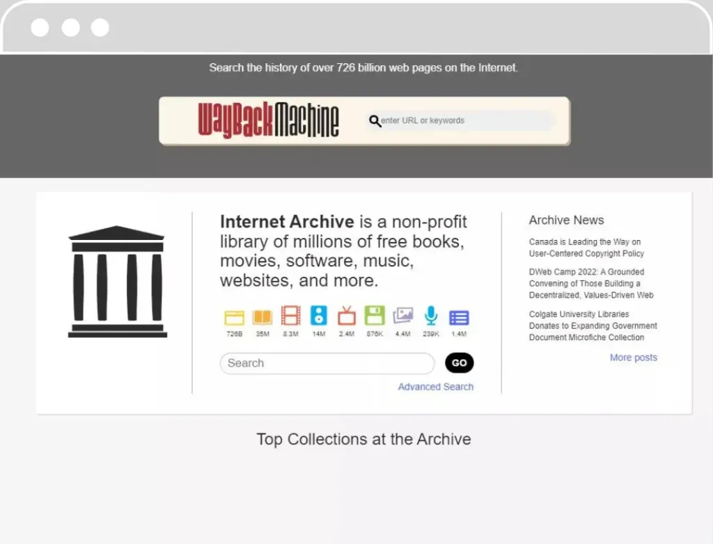 Capture d'écran de la page d'accueil de Wayback Machine avec le logo, une barre de recherche et des icônes pour accéder à des collections d'archives.