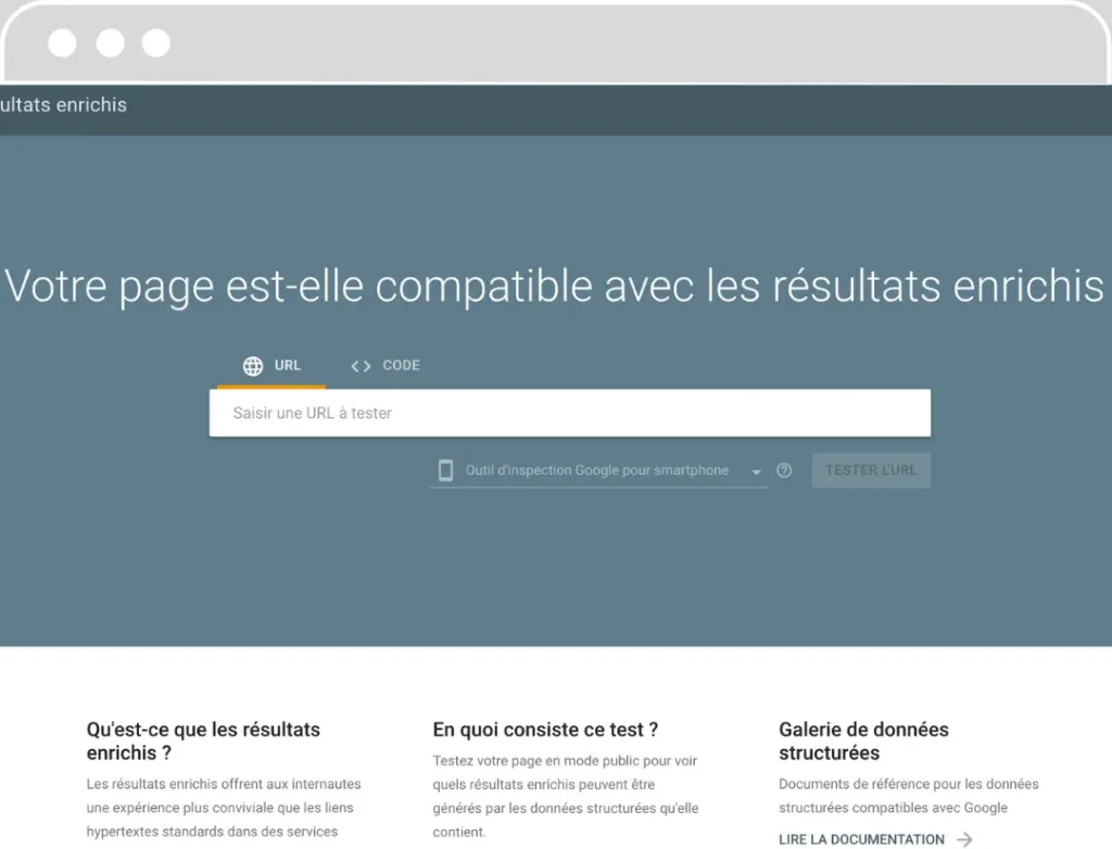 Interface utilisateur d'un outil SEO pour tester la compatibilité des pages web avec les résultats enrichis de Google.