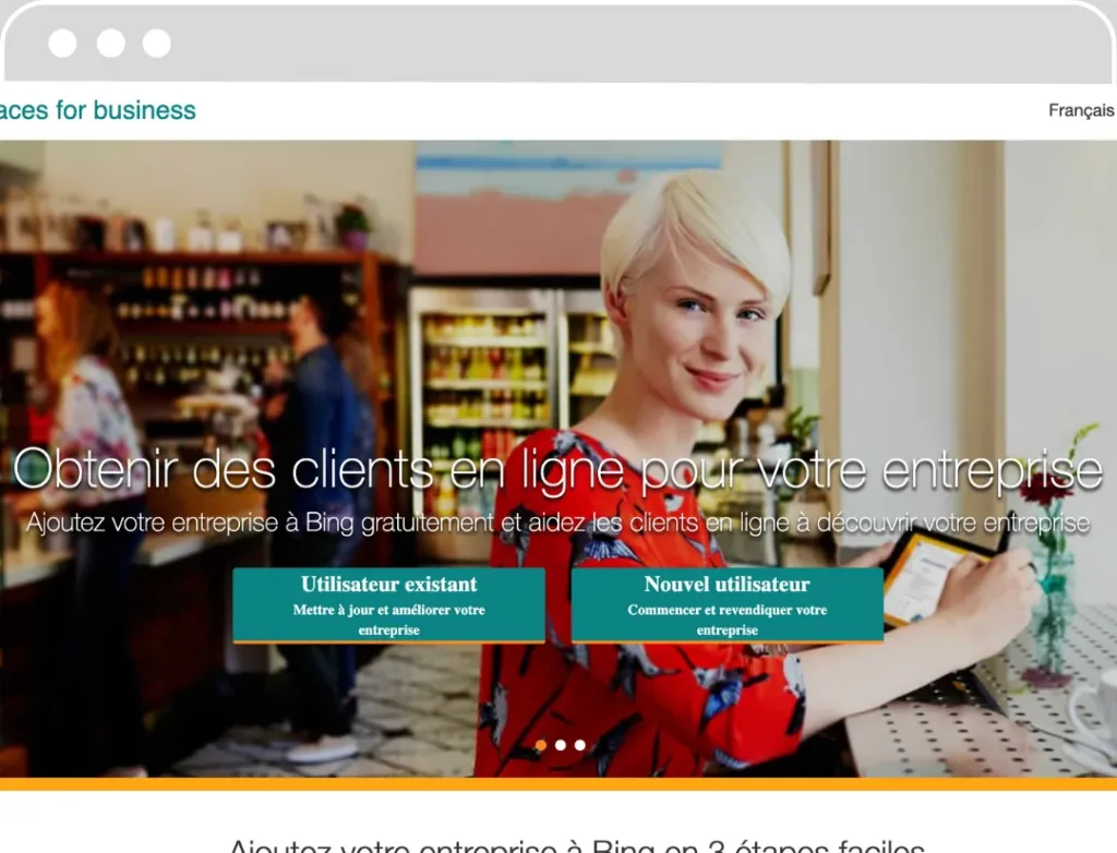Page web 'Places for business' montrant une femme souriante utilisant une tablette dans un café. Le titre 'Obtenir des clients en ligne pour votre entreprise' est mis en avant, avec deux boutons en dessous : 'Utilisateur existant' et 'Nouvel utilisateur'. L'image suggère une atmosphère accueillante pour les propriétaires d'entreprises cherchant à améliorer leur présence en ligne.