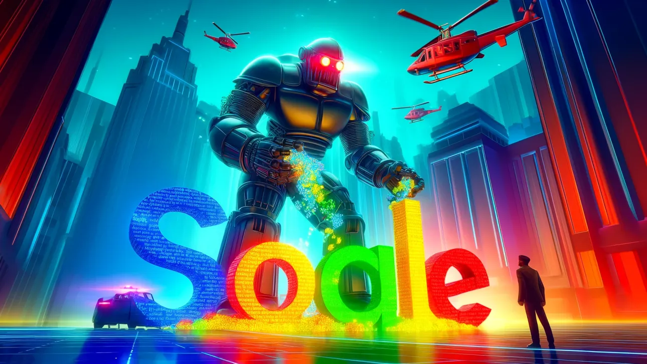Illustration futuriste de robots et de personnages se disputant des mots-clés holographiques dans une ville numérique.