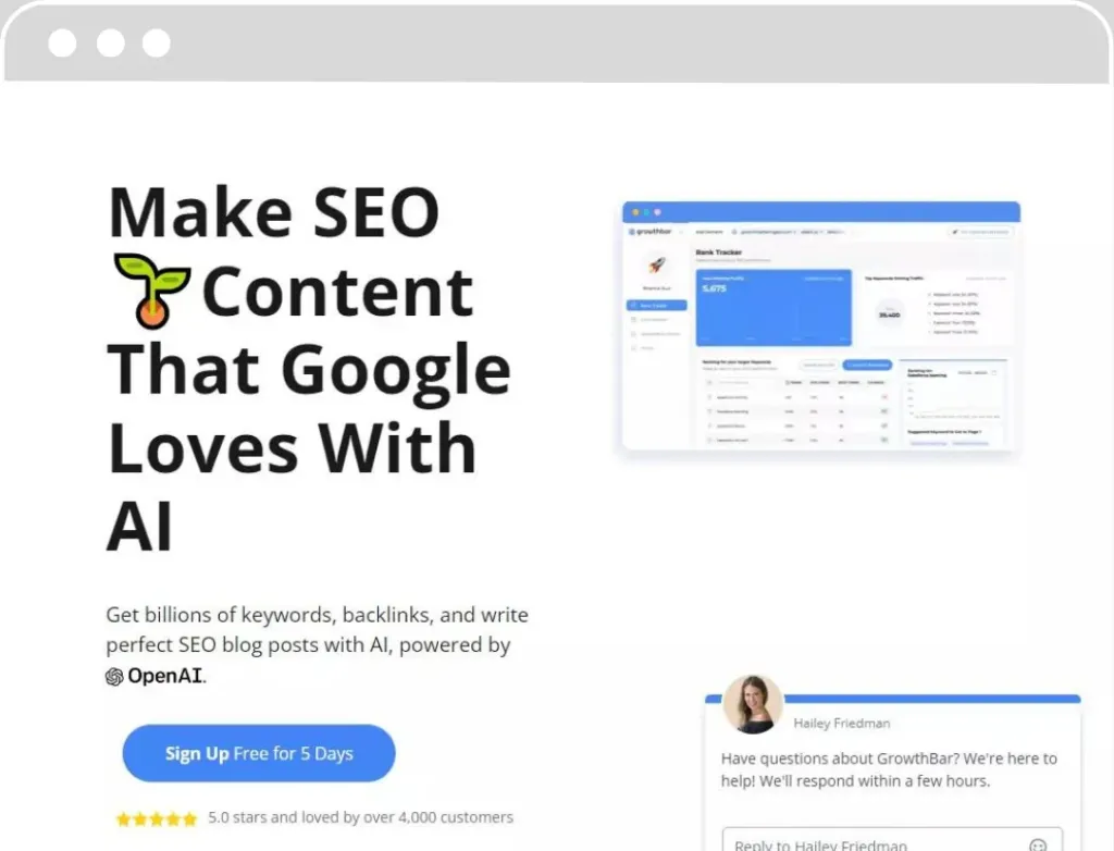 Publicité pour un outil SEO avec le slogan 'Make SEO Content That Google Loves With AI', montrant un aperçu d'une interface de suivi de classement et un appel à l'inscription gratuite pour 5 jours. Le service revendique des étoiles parfaites sur 5 basées sur plus de 4 000 clients.