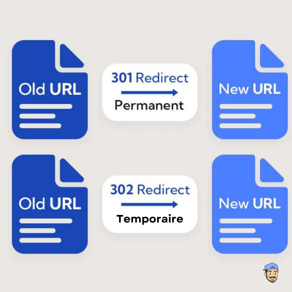 Une image illustrant une redirection 301 d’une ancienne page web bleue à une nouvelle page web jaune.