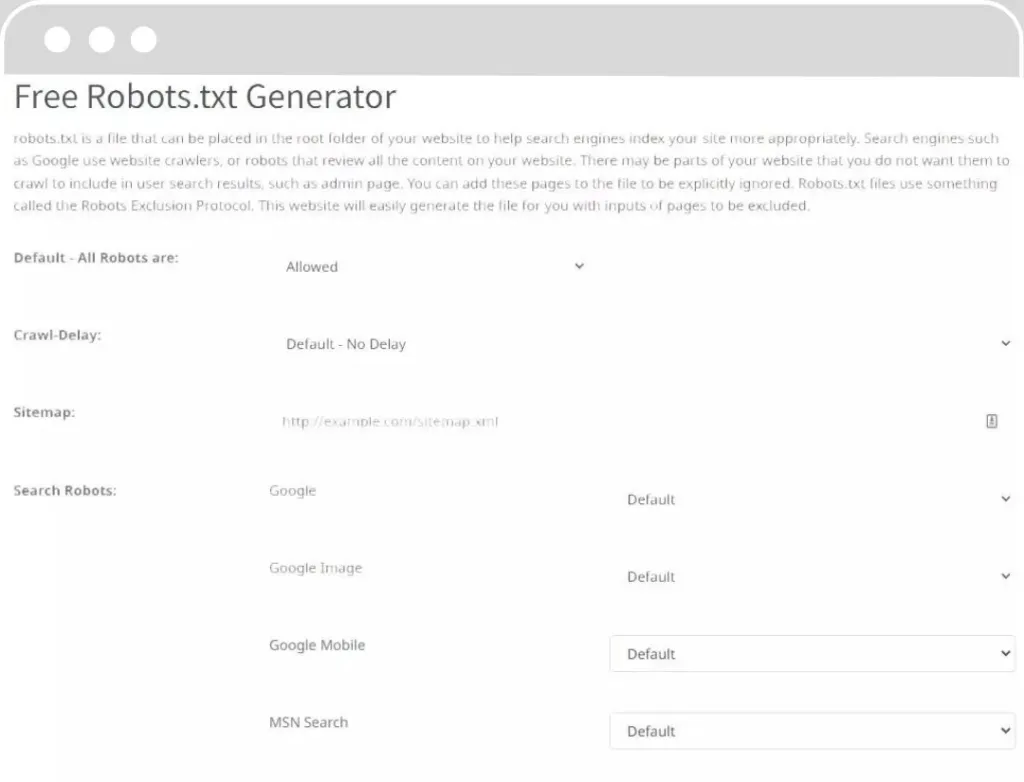 Capture d'écran d'un générateur gratuit de fichier robots.txt pour sites web, avec options de configuration pour les robots de recherche.