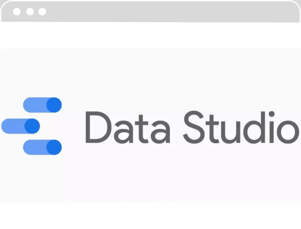 Logo de Google Data Studio avec trois formes rectangulaires bleues à gauche et le texte 'Data Studio' à droite, le tout sur un fond blanc.