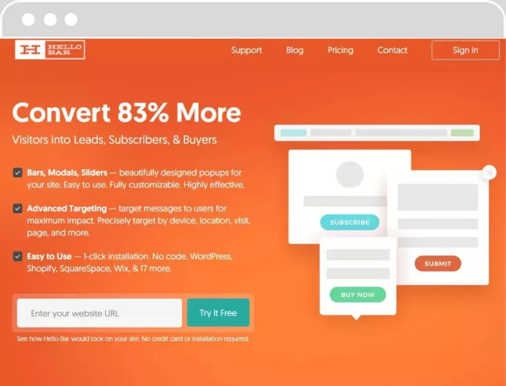 Page promotionnelle de Hello Bar affichant un grand titre 'Convert 83% More Visitors into Leads, Subscribers, & Buyers' avec des icônes et des points expliquant les avantages comme 'Bars, Modals, Sliders', 'Advanced Targeting', et 'Easy to Use'. Un champ 'Enter your website URL' avec un bouton 'Try It Free' est également présent.