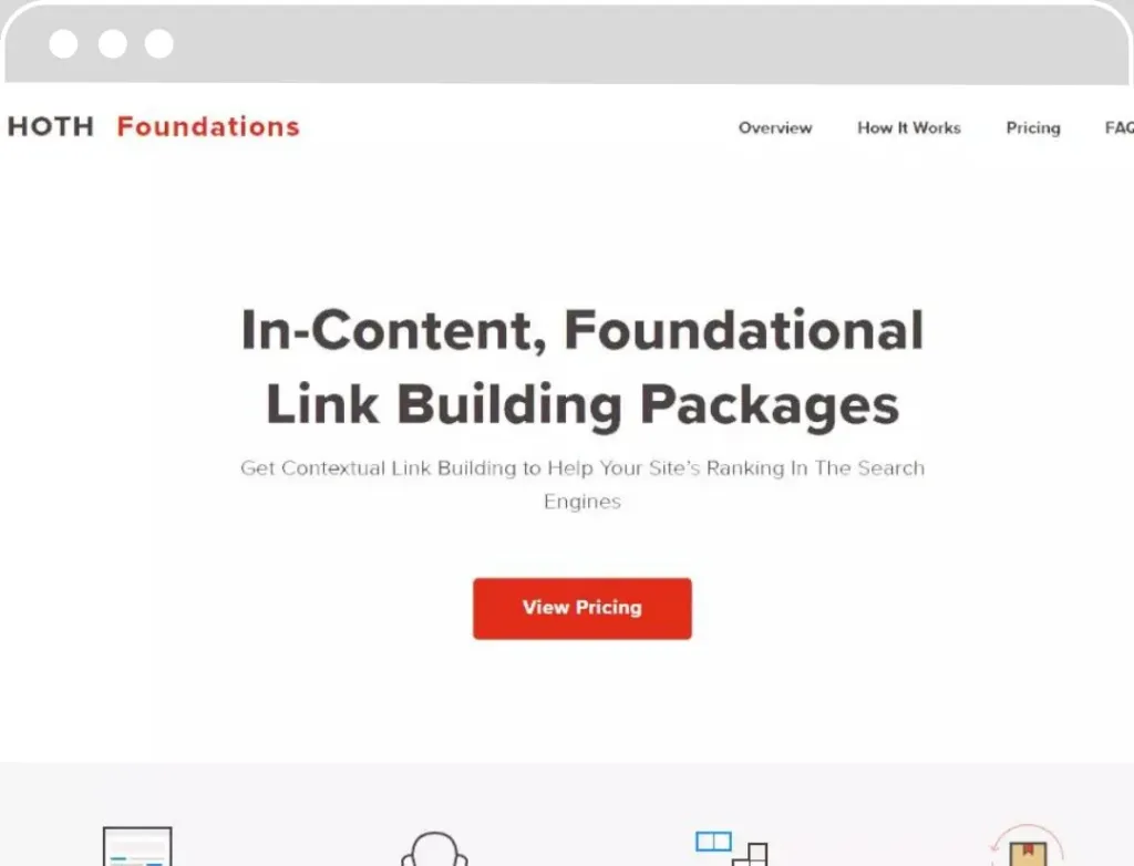 Page web du service HOTH Foundations montrant le titre 'In-Content, Foundational Link Building Packages' avec un sous-titre 'Get Contextual Link Building to Help Your Site's Ranking In The Search Engines' et un bouton rouge 'View Pricing'.