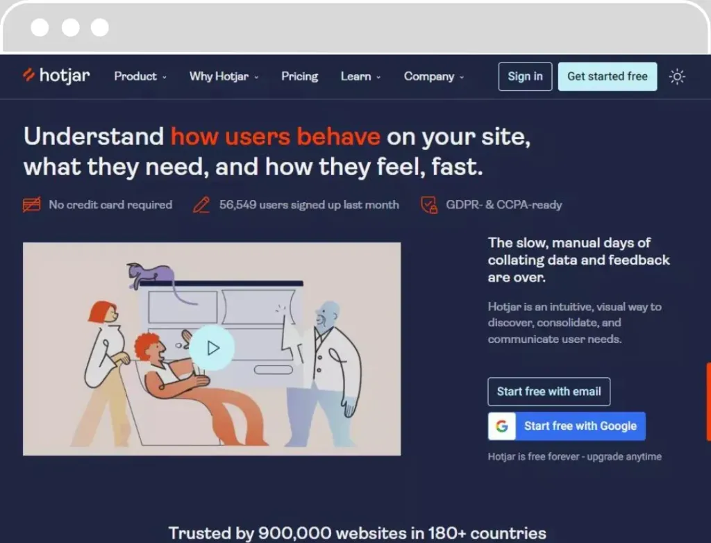 Capture d'écran de la page d'accueil de Hotjar montrant le titre 'Understand how users behave on your site, what they need, and how they feel, fast.' Une illustration dépeint des utilisateurs interagissant avec un site web. Des informations comme 'No credit card required', '56,549 users signed up last month', et 'GDPR & CCPA-ready' sont visibles. Deux boutons d'inscription 'Start free with email' et 'Start free with Google' sont présents.