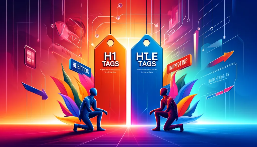 Deux personnages numériques observent des étiquettes géantes 'H1 Tags' et 'Title Tags' dans un décor numérique avec un dégradé de couleur du rouge au bleu.