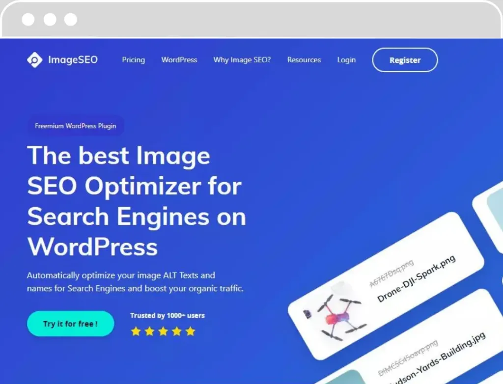 Page d'accueil du plugin ImageSEO affichant le titre 'The best Image SEO Optimizer for Search Engines on WordPress' avec une invitation à essayer le service gratuitement. Le plugin promet d'optimiser automatiquement les textes ALT et les noms des images pour les moteurs de recherche et d'améliorer le trafic organique, mentionnant la confiance de plus de 1000 utilisateurs.