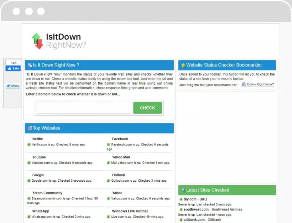 Capture d'écran du site 'Is It Down Right Now' affichant des sections pour vérifier l'état des sites web populaires comme Netflix, Facebook, Google et YouTube, et un espace pour entrer une URL et vérifier l'état d'un site particulier. Il y a également un marque-page pour le statut des sites web et un panneau des derniers sites consultés.