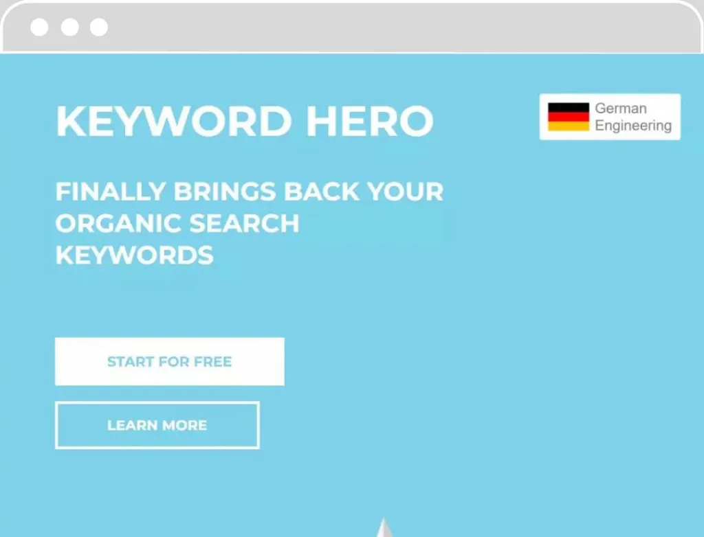 Page d'accueil de Keyword Hero affichant en grand le slogan 'KEYWORD HERO FINALLY BRINGS BACK YOUR ORGANIC SEARCH KEYWORDS' sur un fond bleu ciel. Deux boutons, 'START FOR FREE' et 'LEARN MORE', invitent à découvrir ou à commencer à utiliser le service. Un badge mentionne 'German Engineering'.