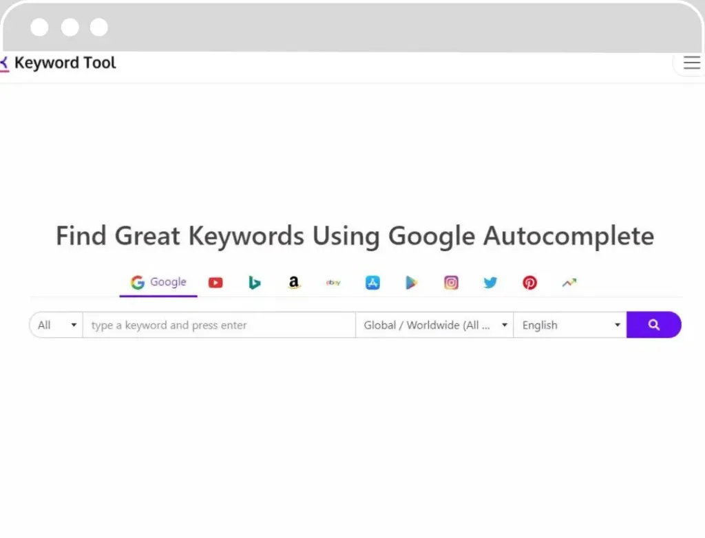 Interface de 'Keyword Tool', un outil de recherche de mots-clés qui utilise la fonctionnalité Google Autocomplete pour générer des idées de mots-clés. Il affiche le slogan 'Find Great Keywords Using Google Autocomplete' au-dessus d'une barre de recherche et d'icônes de différents moteurs de recherche et plateformes sociales.