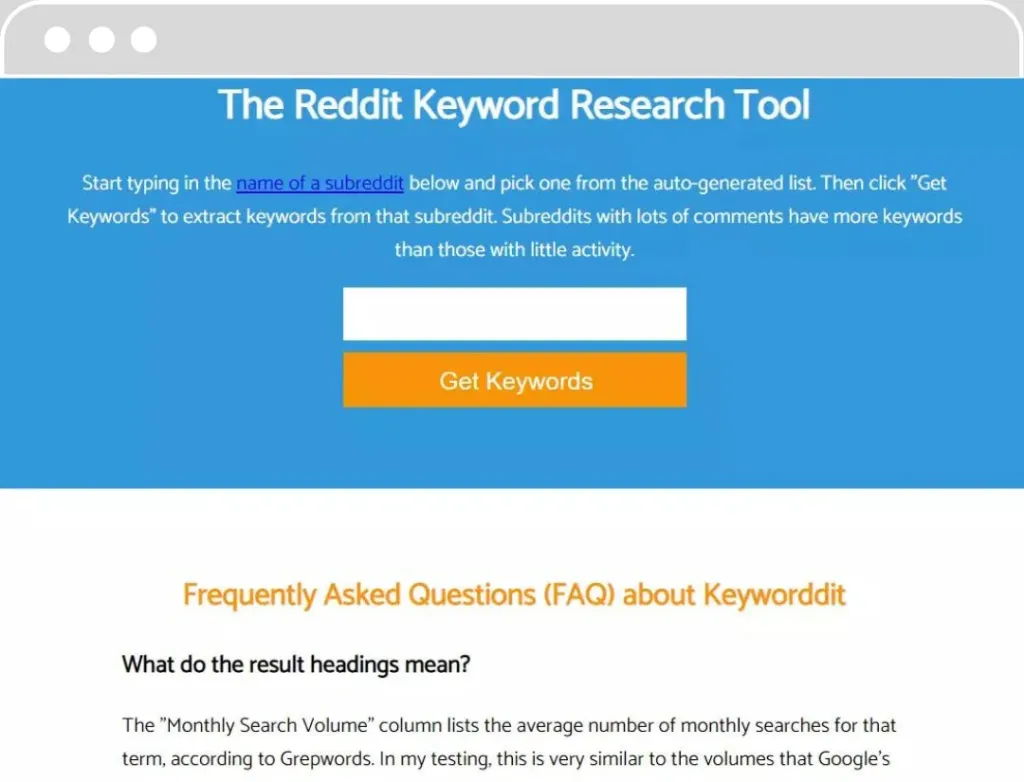 Capture d'écran de 'The Reddit Keyword Research Tool', un outil pour extraire des mots-clés de subreddits spécifiques sur Reddit. Les utilisateurs peuvent commencer à taper le nom d'un subreddit et sélectionner dans une liste générée automatiquement pour obtenir des mots-clés. Un bouton orange 'Get Keywords' est mis en évidence pour lancer la recherche.