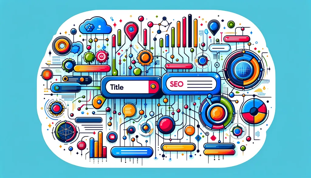 Illustration complexe et colorée mettant en avant des concepts SEO avec des éléments de titre et de recherche, des icônes de localisation, nuages, graphiques, et structures de connexion sur un fond bleu ciel.