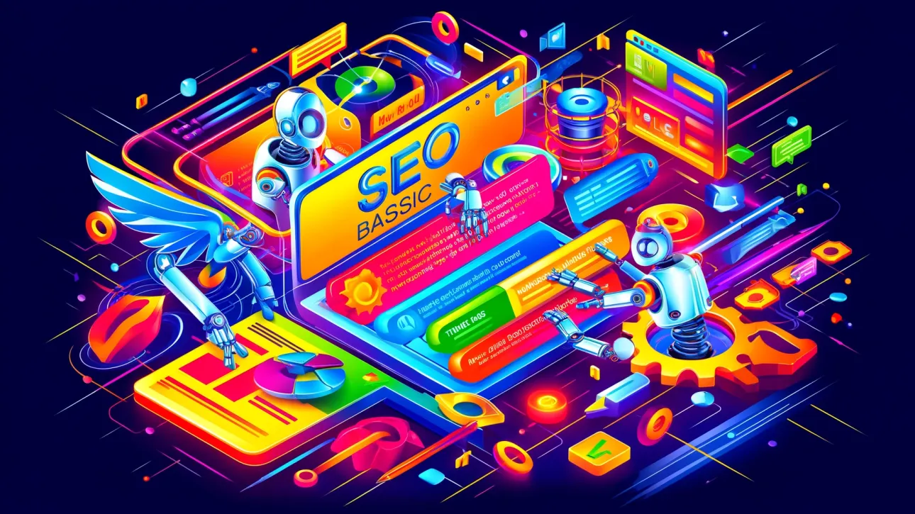 Illustration éclatante et colorée représentant les éléments de base du SEO avec des figures robotiques interagissant avec divers composants tels qu'une fenêtre de navigateur 'SEO BASIC', des engrenages, des graphiques et des outils d'analyse, le tout dans un espace numérique abstrait et dynamique.