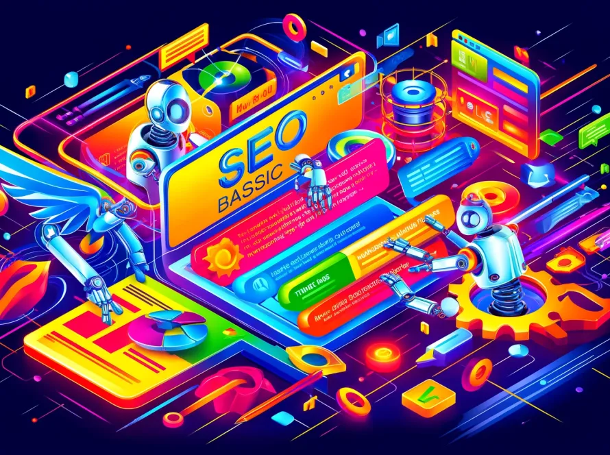 Illustration éclatante et colorée représentant les éléments de base du SEO avec des figures robotiques interagissant avec divers composants tels qu'une fenêtre de navigateur 'SEO BASIC', des engrenages, des graphiques et des outils d'analyse, le tout dans un espace numérique abstrait et dynamique.