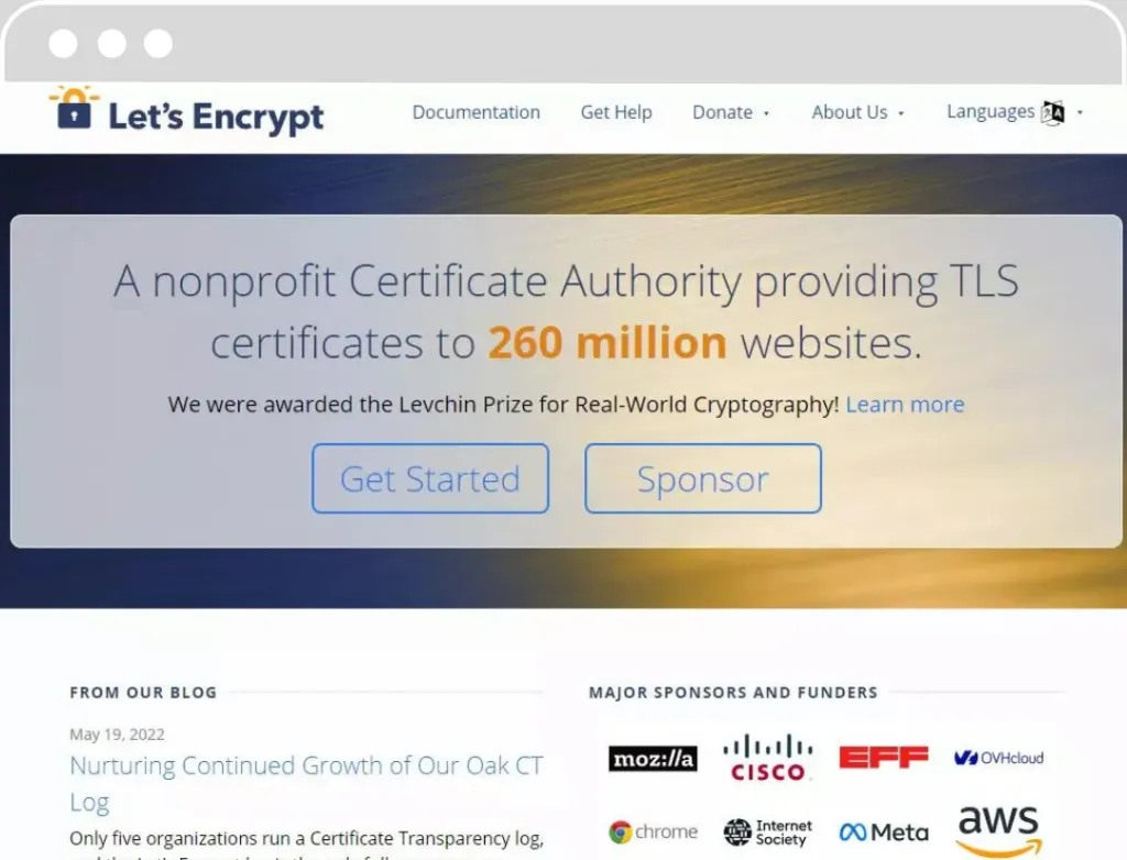 Page d'accueil de Let's Encrypt, un organisme à but non lucratif qui fournit des certificats TLS à 260 millions de sites web. Le site annonce avoir reçu le Levchin Prize pour la cryptographie appliquée dans le monde réel et propose des boutons 'Get Started' et 'Sponsor' pour les utilisateurs intéressés.