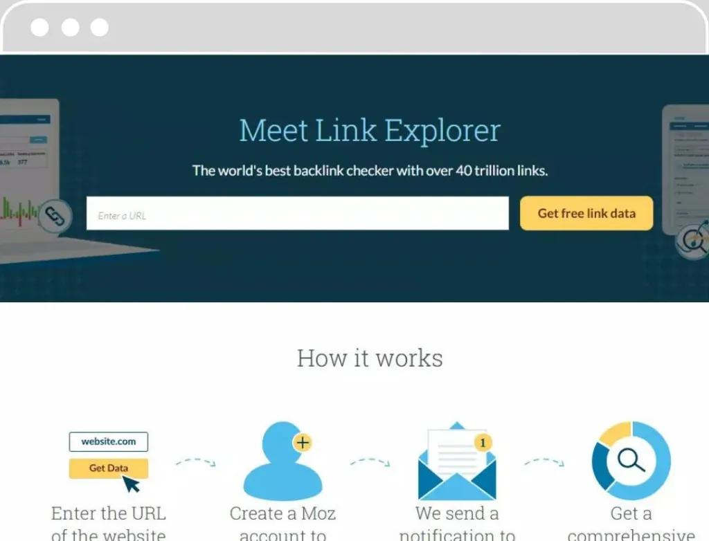 Page d'accueil de l'outil Link Explorer de Moz, affichant une interface pour entrer une URL et obtenir des données sur les backlinks, avec le texte 'The world's best backlink checker with over 40 trillion links'.