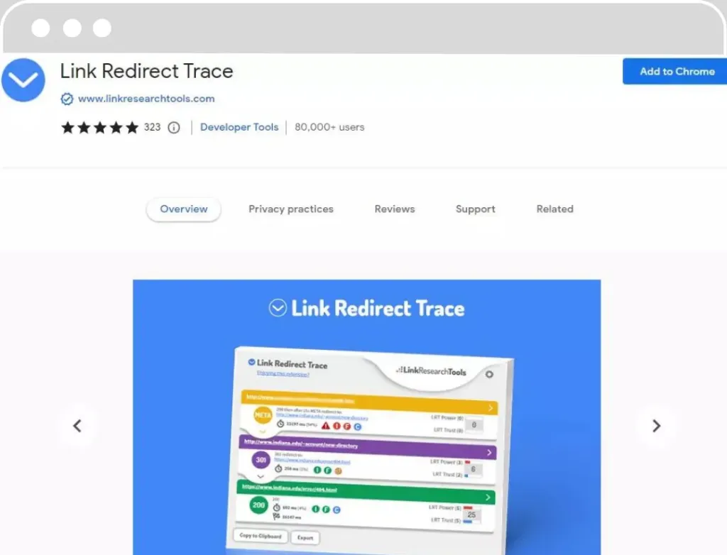 Capture d'écran de la page de l'extension Chrome 'Link Redirect Trace', notée 5 étoiles par 323 utilisateurs, destinée aux développeurs et comptant plus de 80,000 utilisateurs. La capture montre l'interface de l'outil avec des exemples de traçage de redirections de liens.