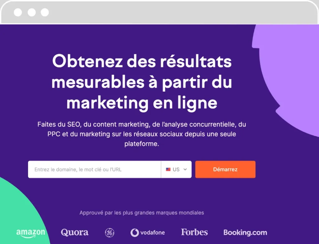 Capture d'écran d'une plateforme de marketing en ligne avec un message invitant à obtenir des résultats mesurables en SEO et marketing digital, approuvée par de grandes marques mondiales