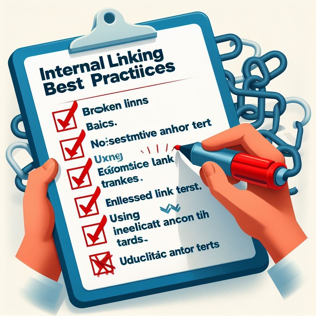 Une image illustrant une liste de vérification des meilleures pratiques pour les liens internes SEO, avec une main tenant un stylo cochant la liste.