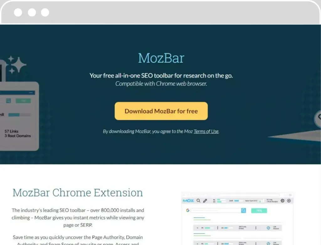 Capture d'écran de la MozBar, une extension Chrome pour le SEO, présentant un bouton pour télécharger gratuitement l'outil et une vue de l'interface utilisateur montrant des métriques de référencement pour un site web.