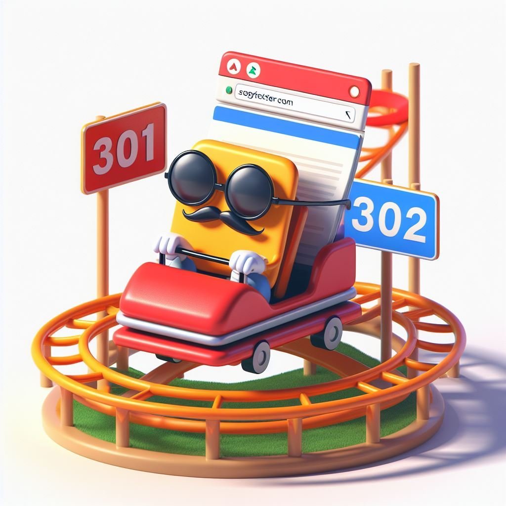 Une image d’un personnage de navigateur web stylisé, ressemblant à un livre avec des yeux et une moustache, portant des lunettes de soleil et se trouvant sur une piste circulaire entre les panneaux “301” et “302”.