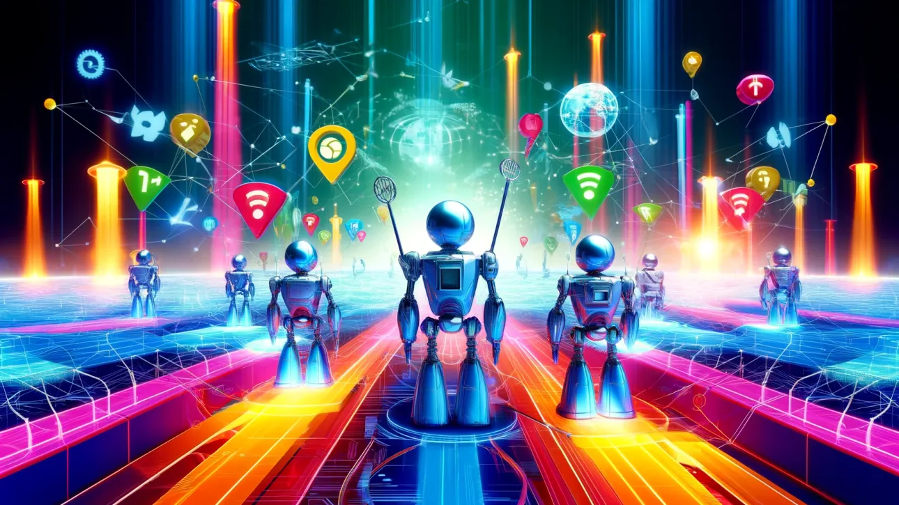 Robots futuristes gérant le trafic de redirection d'URL sur un paysage numérique coloré, symbolisant l'optimisation du référencement.
