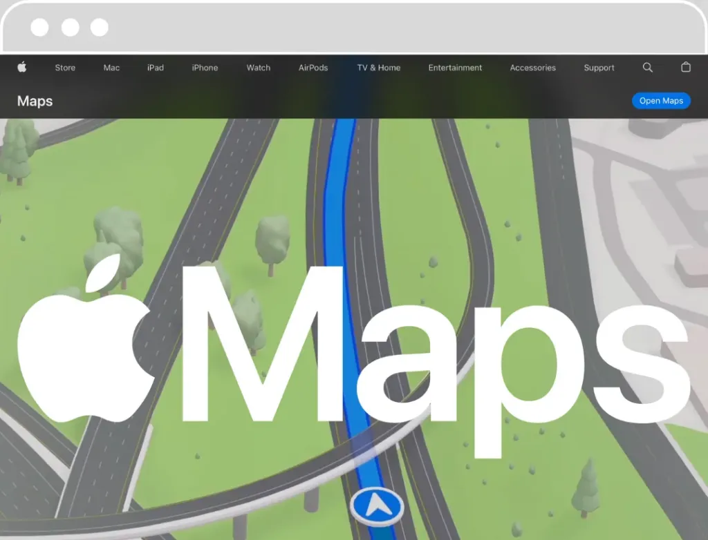 Capture d'écran de la page de l'application de cartographie d'Apple. Le grand logo Apple est suivi du mot 'Maps' au premier plan. En arrière-plan, on voit un rendu stylisé de routes en 3D avec des arbres et un cours d'eau bleu vif, représentant une interface utilisateur de l'application de cartes. Un bouton 'Open Maps' est visible dans le coin supérieur droit.