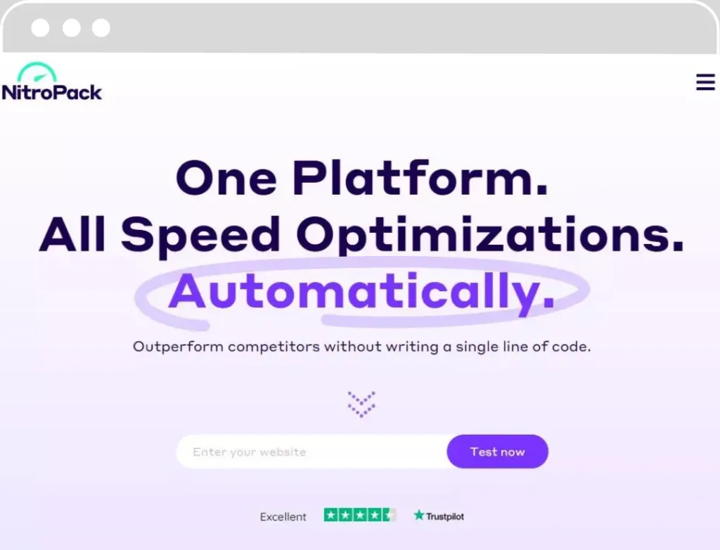 Capture d'écran de la page d'accueil de NitroPack affichant le slogan 'One Platform. All Speed Optimizations. Automatically.', indiquant une plateforme unique pour toutes les optimisations de vitesse exécutées automatiquement, avec une option pour tester son site web.